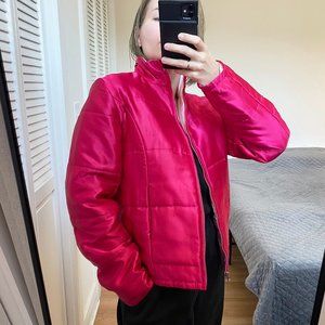 Fuchsia hot pink short puffer, silky satine quilted jacket spring bimbo